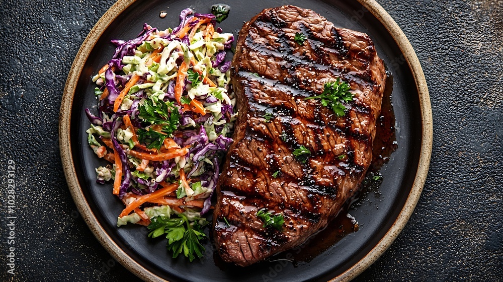 Poster grilled beef tenderloin meat on a plate with cole slaw salad top view : generative ai