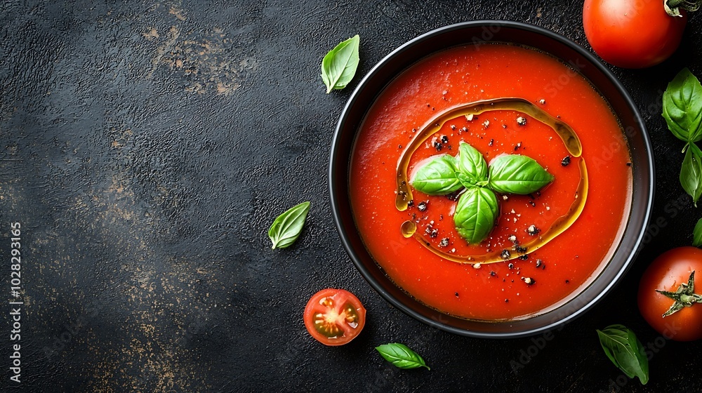 Poster Tomato soup with basil in a bowl Dark background Close up Top view : Generative AI