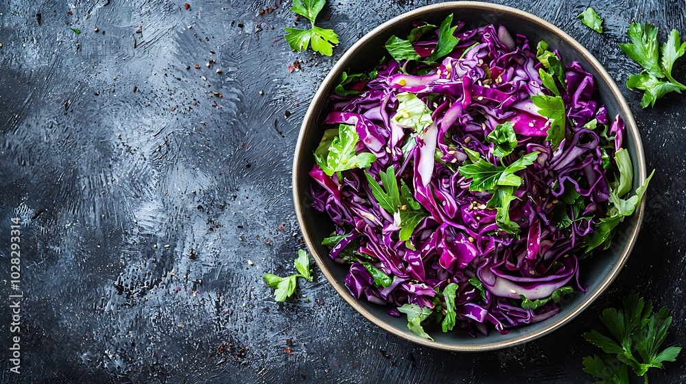 Poster Red cabbage salad Coleslaw in a bowl Grey background Close up Top view : Generative AI