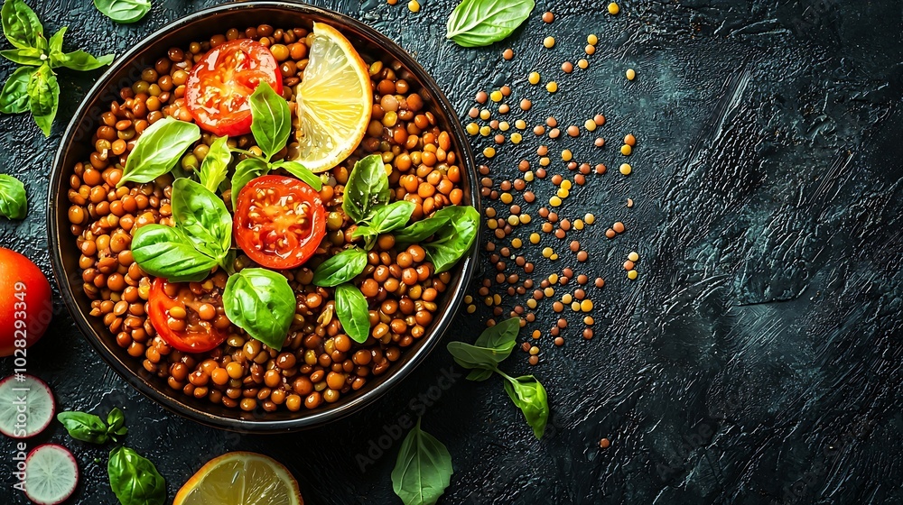 Aufkleber lentil salad with mix vegetables in bowl grey background : generative ai