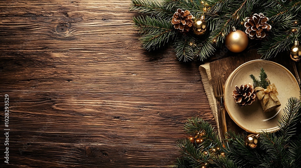 Poster christmas new year celebration place table setting wooden background copy space top view : generativ