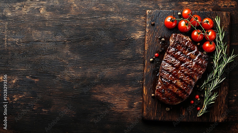Poster beef steak with cherry tomato and rosmary on a dark cutting board wooden background top view copy sp