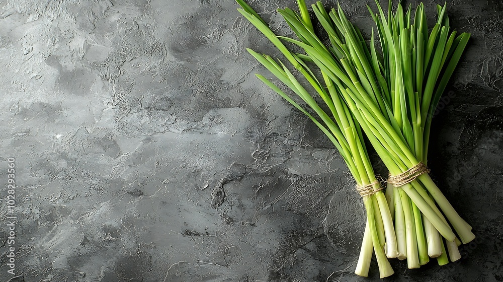 Poster lemongrass in a jar on grey stone background top view close up : generative ai