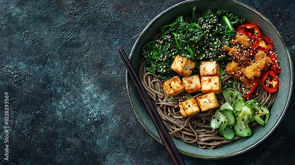 Aufkleber Soba noodles with vegetables and fried tofu in a bowl Grey background Copy space Top view : Generative AI