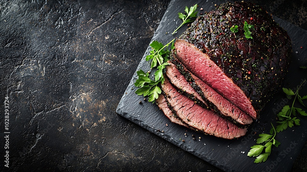 Poster roasted beef pastrami on slate cutting board copy space top view : generative ai