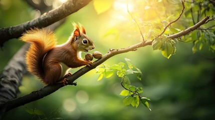 Fototapeta premium A curious squirrel on a tree branch nibbling on a nut in a dense forest.