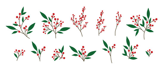 Red Berry spray, Christmas tree branch Decoration, Xmas holiday decoration. vector illustration isolated on white background