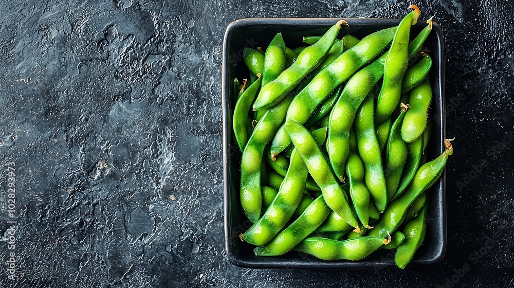 Poster fresh edamame green beans in black bowl grey background top view copy space : generative ai