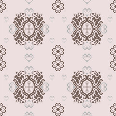 Obraz premium Geometric pixel pattern seamless vector pattern, Mexican blanket, rug, tile, illustration design on pink background with brown.