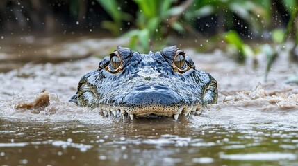 Fototapeta premium A fierce-looking crocodile partially submerged in a murky river, eyes just above the surface.