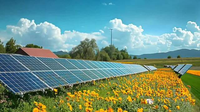 Vibrant wildflowers bloom across a field, framing sleek solar panels under a sunny sky. A peaceful house completes this idyllic landscape, showcasing nature and renewable energy harmoniously.