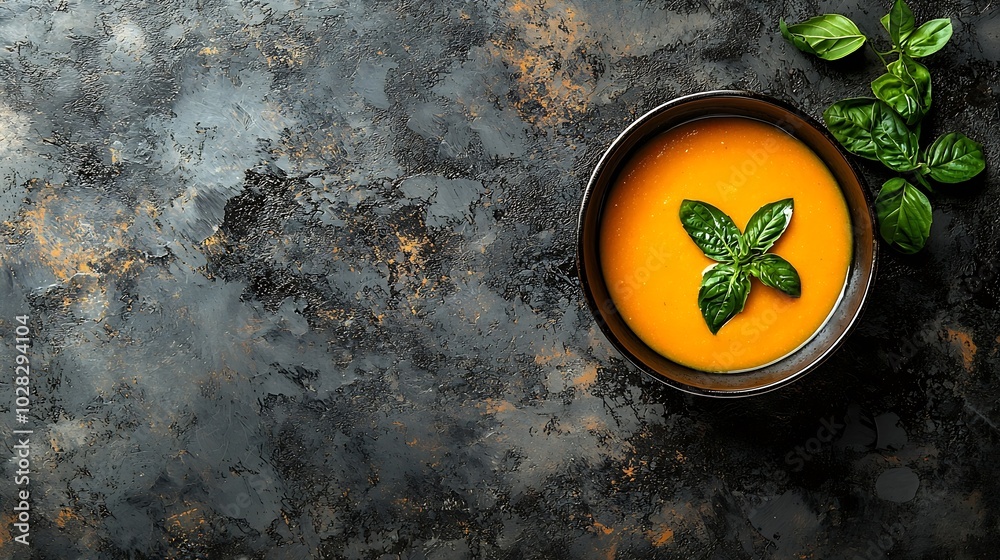 Poster pumpkin and carrot cream soup in bowl grey stone background top view close up : generative ai
