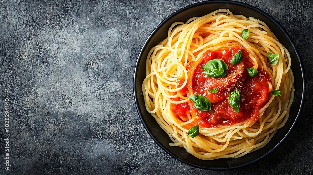 Aufkleber pasta spaghetti with tomato sauce in black bowl on grey background top view : generative ai