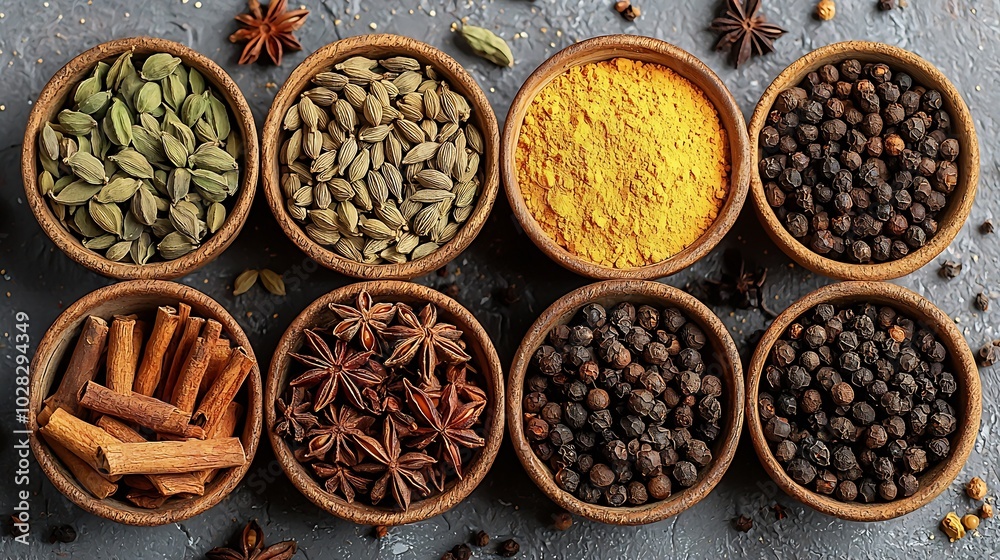 Poster spices for indian masala chai grey background top view : generative ai