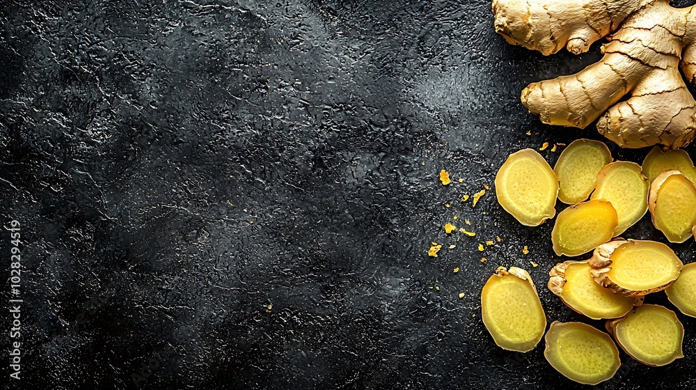 Poster Fresh ginger root with slices Dark background Copy space Top view : Generative AI