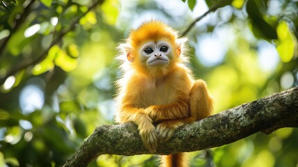 Obraz premium A golden langur sitting on a high tree branch, gazing into the distance.