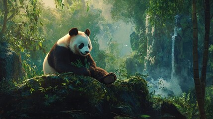 Obraz premium A giant panda munching on bamboo in a serene forest.