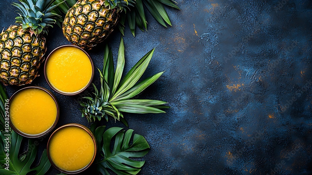Poster pineapple with tropical fruit juice smoothie on dark background copy space top view : generative ai