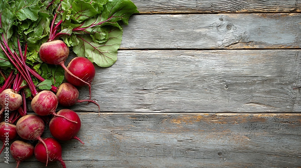 Poster fresh organic beet beetroot on grey rustic wooden background top view copy space : generative ai