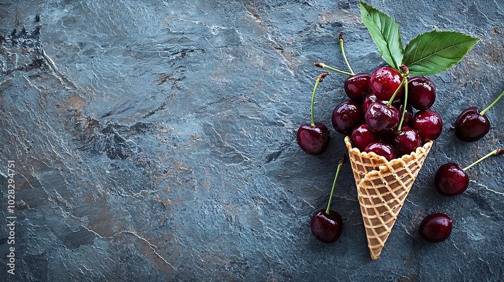 Poster cherries in waffle cone on blue stone background top view copy space : generative ai
