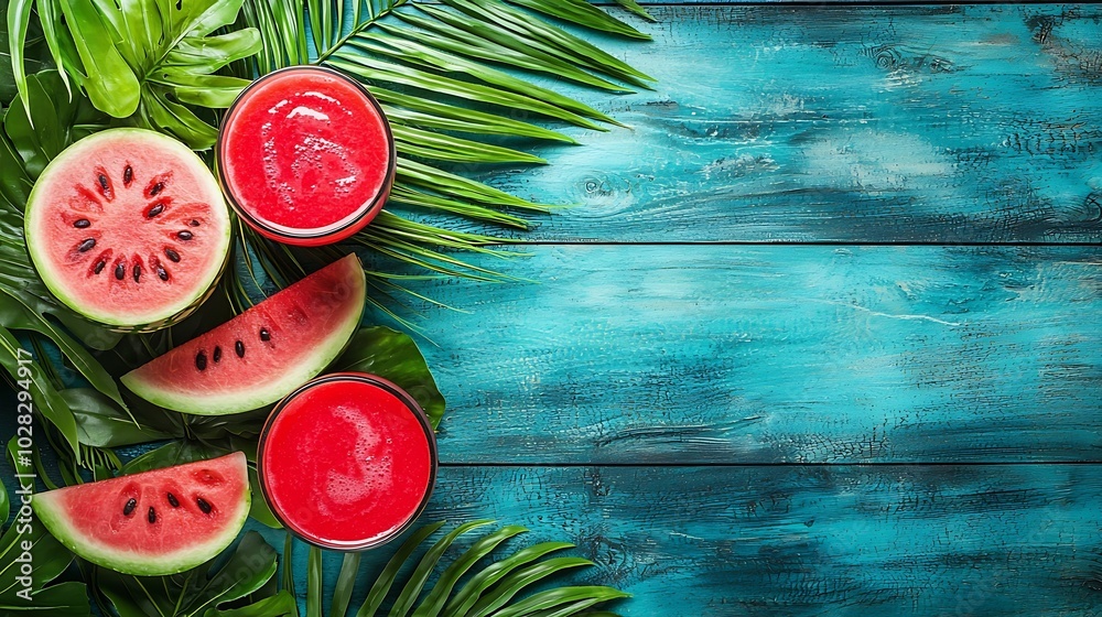 Poster watermelon juice fresh smoothie on colorful wooden background with palm leaves top view : generative
