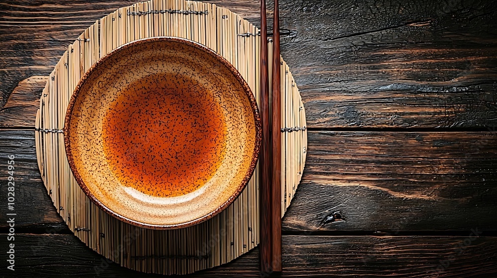 Poster asian table place setting with bamboo placemat sauce bowl and chopsticks top view copy space : gener