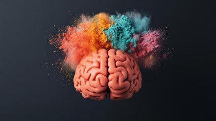 Human brain bursting into dynamic clouds of vibrant powder, symbolizing knowledge expansion and creative freedom, on a black canvas