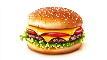 A classic cheeseburger with lettuce, tomato, and cheese on a sesame seed bun.