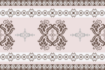 Geometric pixel pattern seamless vector pattern, Mexican blanket, rug, tile, illustration design on pink background with brown.