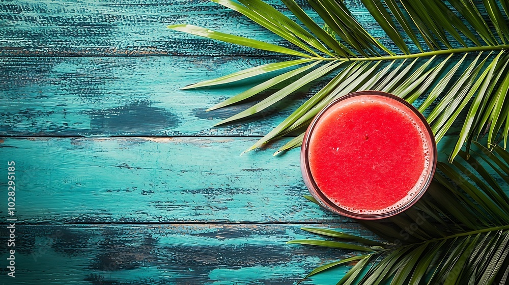 Poster watermelon smoothie fresh juice on colorful wooden background with palm leaves top view : generative