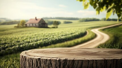 Tree stump podium against a vibrant farm backdrop, featuring a winding dirt road and an old farmhouse, creating a serene, natural setting for product presentation