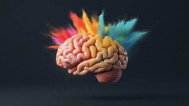 Surreal brain exploding into vivid colorful dust, representing the power of creativity and intellect, in a high-contrast, dark, futuristic setting