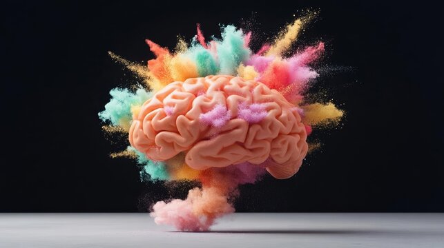 Surreal brain exploding into vivid colorful dust, representing the power of creativity and intellect, in a high-contrast, dark, futuristic setting
