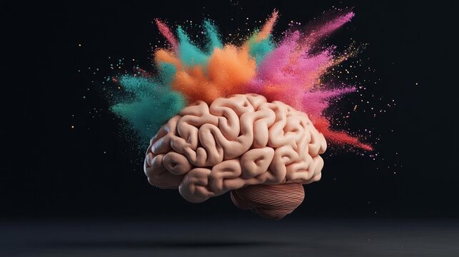 Surreal brain exploding into vivid colorful dust, representing the power of creativity and intellect, in a high-contrast, dark, futuristic setting