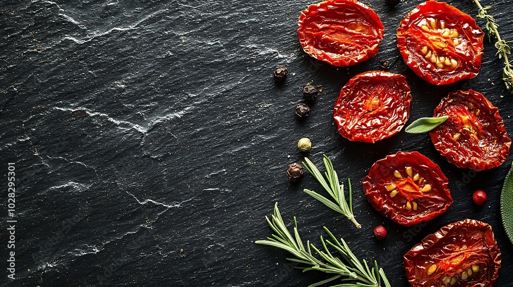 Aufkleber sun dried tomatoes with fresh herbs and spices slate background close up top view : generative ai