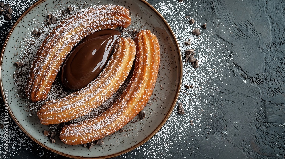Poster churros dessert with chocolate sauce dip topping on plate gray background close up : generative ai