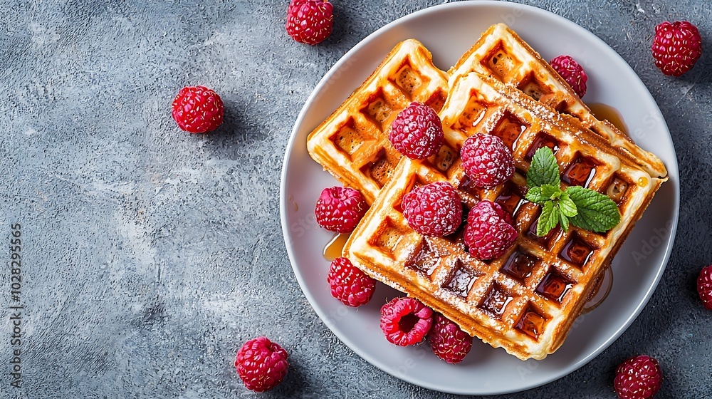 Poster Belgian waffles with maple syrup and fresh raspberry Grey background Top view : Generative AI