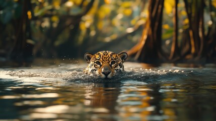 A jaguar swimming across a river in the rainforest, its coat glistening.