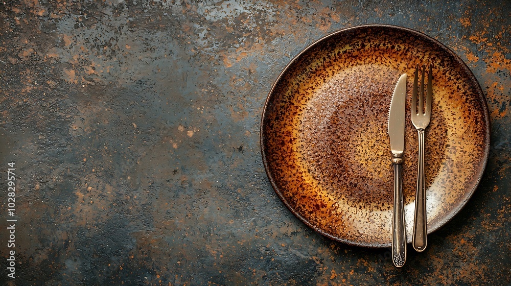 Leinwandbilder plate with fork and knife dark background copy space top view : generative ai