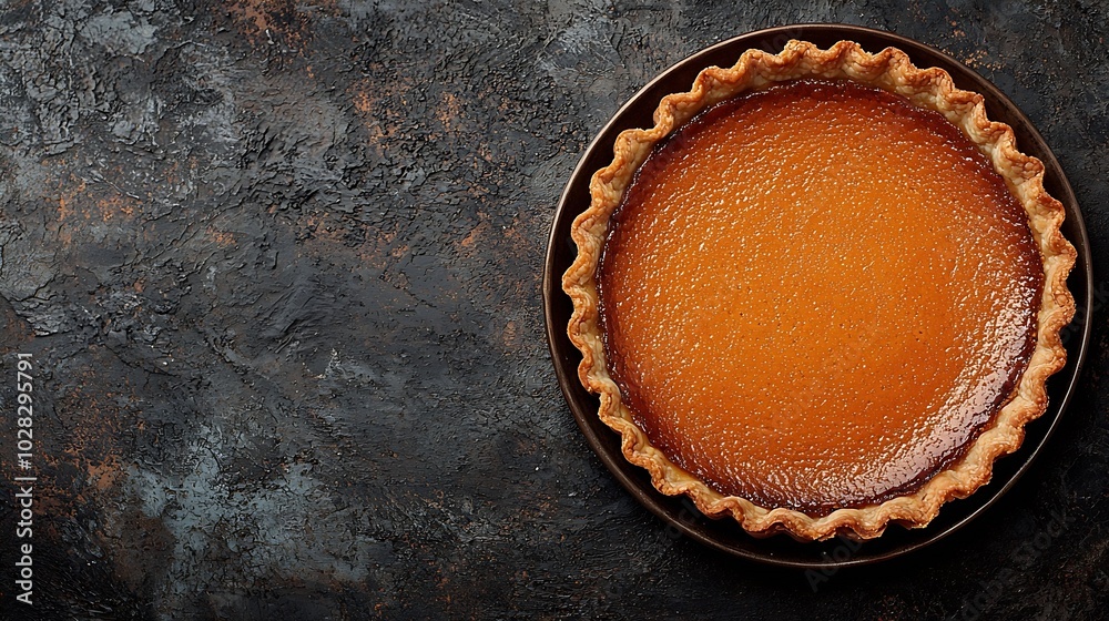Poster Pumpkin pie tart on a plate Grey stone background Copy space Top view : Generative AI