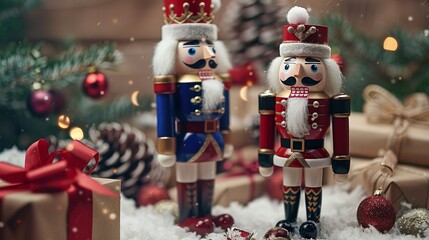 Naklejka premium A traditional nutcracker figurine standing among holiday decorations and gift boxes, creating a nostalgic Christmas scene.