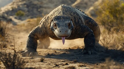 Obraz premium A komodo dragon walking through a barren landscape, its tongue flicking out.