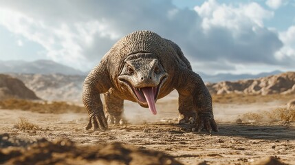 Obraz premium A komodo dragon walking through a barren landscape, its tongue flicking out.