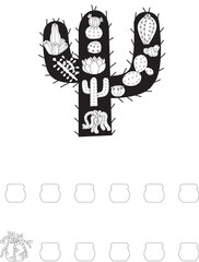 Composition of cacti in doodle style on the background of cactus silhouette. Vector illustration isolated on white background.