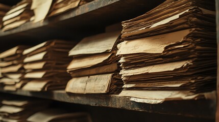 Old, stacked documents on wooden shelves in a vintage setting.