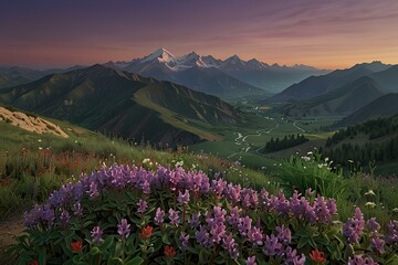 Fototapeta premium Artistic Mountain Scene – 32K UHD Adventurecore Photography with Purple Blooms