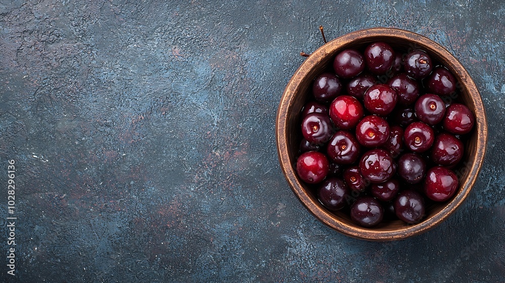 Poster fresh ripe black cherries in vintage backing dish on a stone background copy space top view : genera
