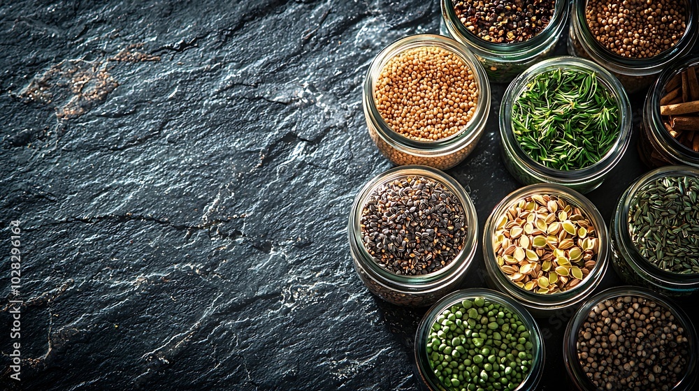 Poster spices in jars lemongrass fenugreek cumin seeds slate background top view copy space : generative ai