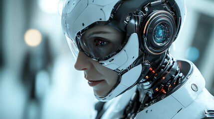 Fototapeta premium Side view of a futuristic healthcare robot assisting an elderly woman