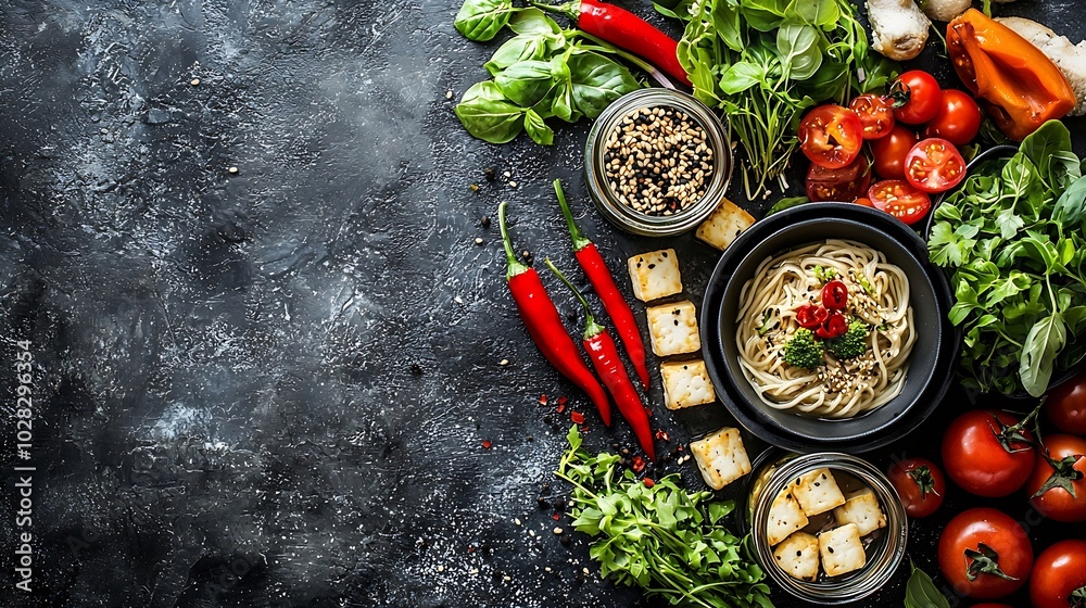 Aufkleber Noodles soba salad soup with vegetables tofu and chicken in jars Grey background Copy space Top view : Generative AI